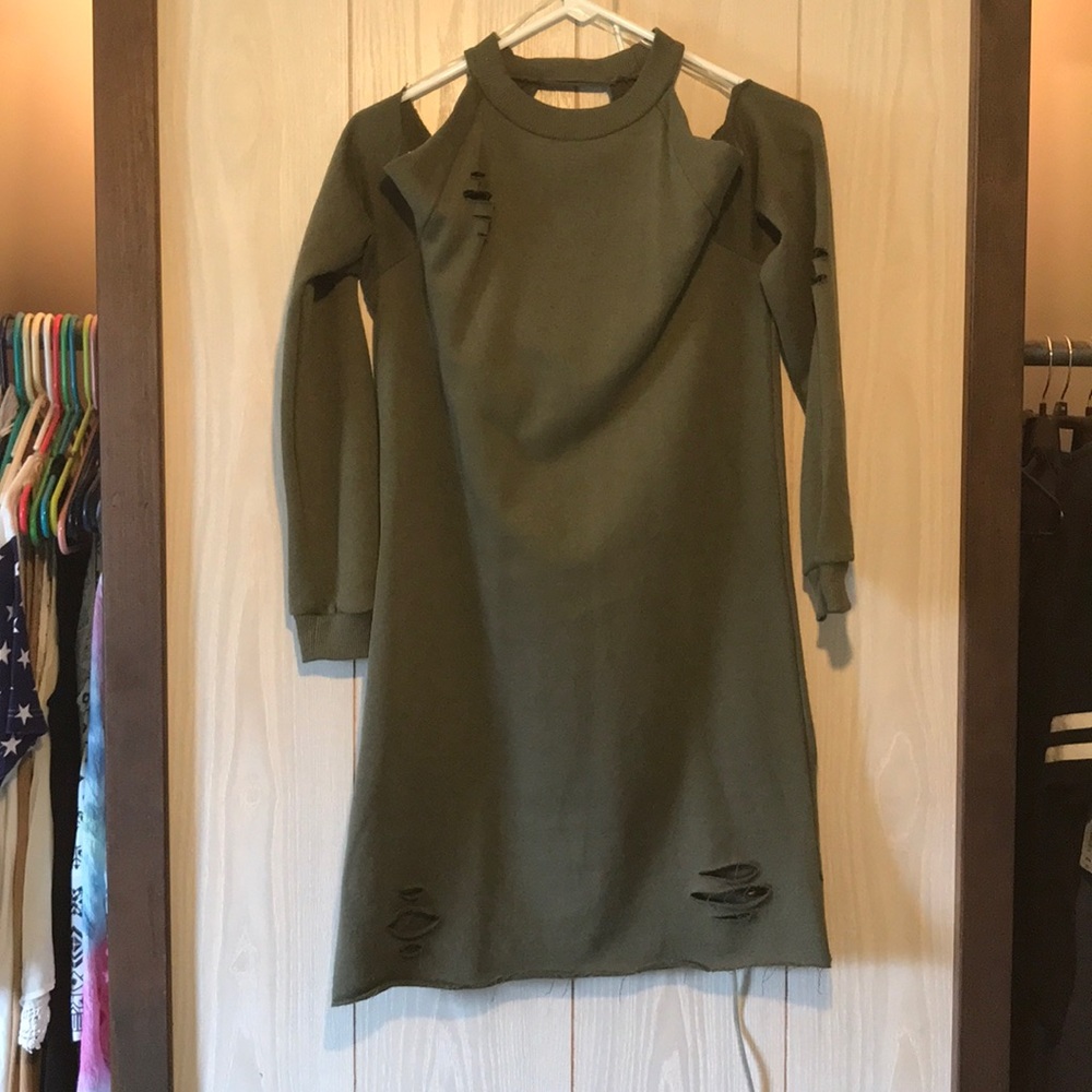 Distressed army green sweatshirt dress
